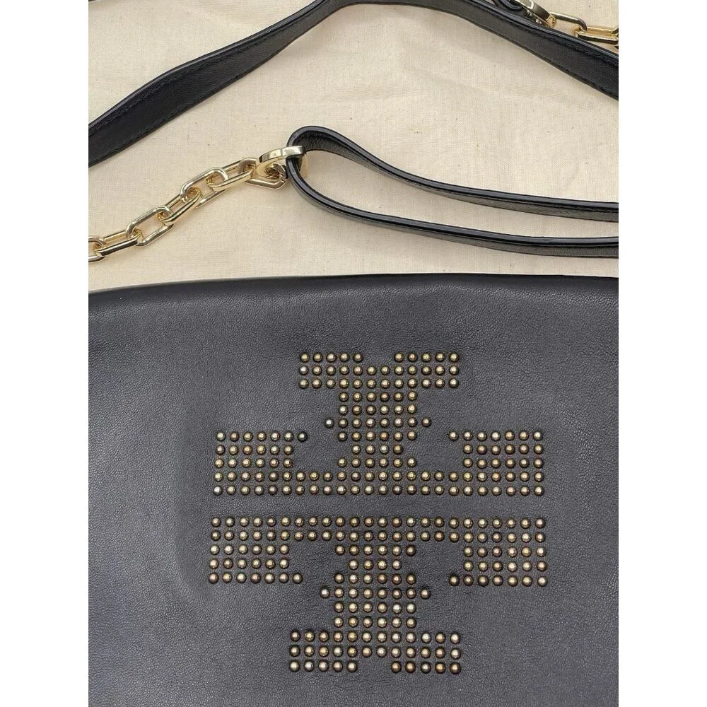 Tory Burch Crossbody Womens Bag‎ Purse Black Hold Chain Studded With Dust Bag